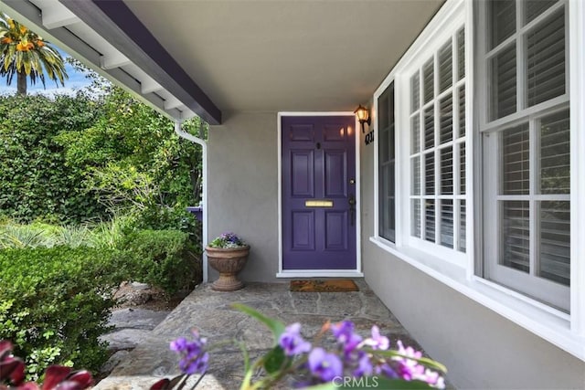 entrance to property with stucco siding