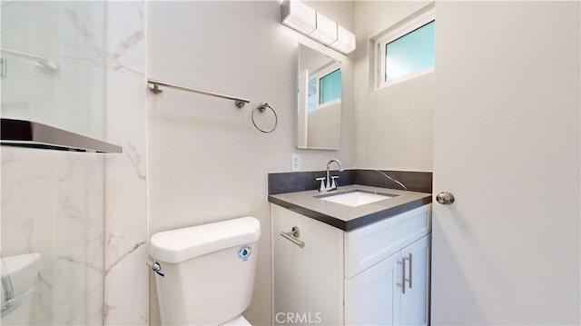 bathroom with a shower, vanity, and toilet