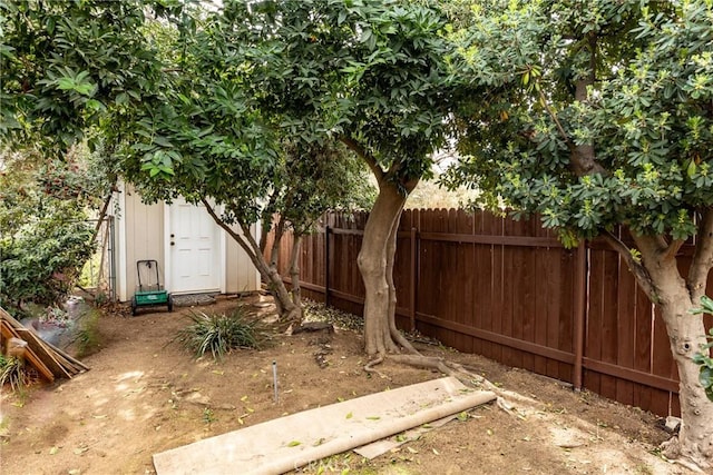 view of yard with a storage unit, an outdoor structure, and fence