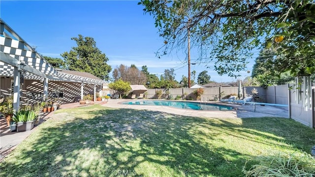 view of pool with a fenced in pool, a lawn, a fenced backyard, a diving board, and a pergola