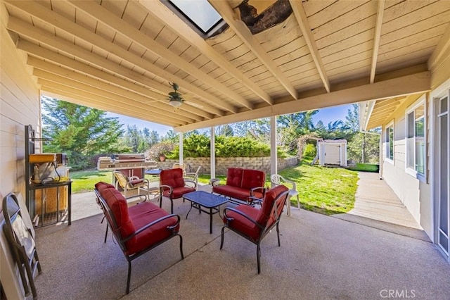 45544 Pine River Rd, Ahwahnee, CA 93601 - view of patio / terrace with an outbuilding, ceiling fan, and an outdoor hangout area