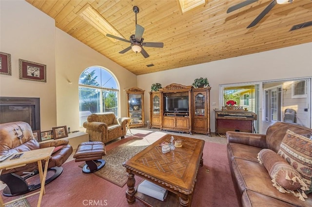 45544 Pine River Rd, Ahwahnee, CA 93601 - living area featuring visible vents, wood ceiling, light carpet, ceiling fan, and high vaulted ceiling