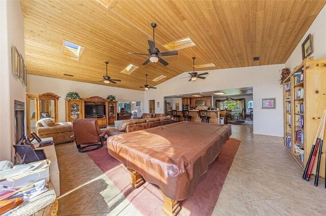 45544 Pine River Rd, Ahwahnee, CA 93601 - rec room with wood ceiling, a skylight, billiards, and light tile patterned flooring