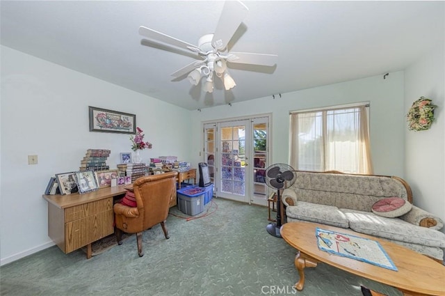 45544 Pine River Rd, Ahwahnee, CA 93601 - carpeted office space with a ceiling fan, french doors, and baseboards