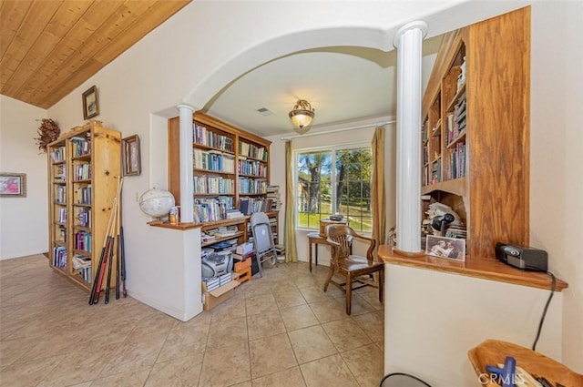 45544 Pine River Rd, Ahwahnee, CA 93601 - living area with arched walkways, wooden ceiling, visible vents, and tile patterned floors