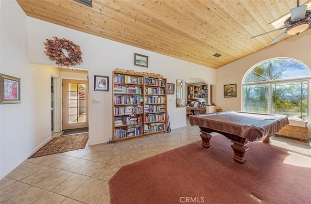 45544 Pine River Rd, Ahwahnee, CA 93601 - rec room with arched walkways, wooden ceiling, light tile patterned flooring, and ceiling fan