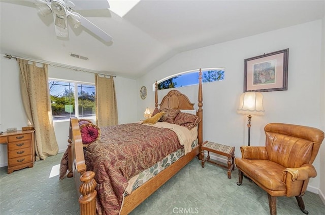 45544 Pine River Rd, Ahwahnee, CA 93601 - bedroom featuring lofted ceiling, carpet, visible vents, and ceiling fan