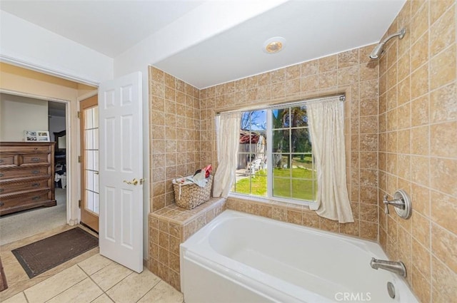45544 Pine River Rd, Ahwahnee, CA 93601 - bathroom featuring a shower, tile patterned flooring, a bathtub, and tile walls