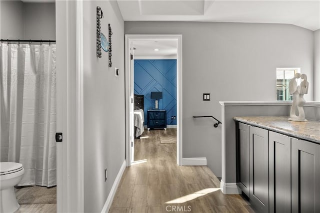 full bathroom with vanity, wood finished floors, baseboards, lofted ceiling, and toilet