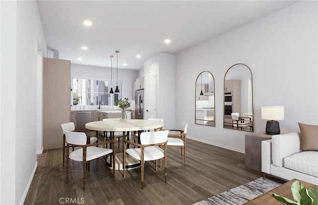 dining room featuring recessed lighting, dark wood finished floors, and baseboards