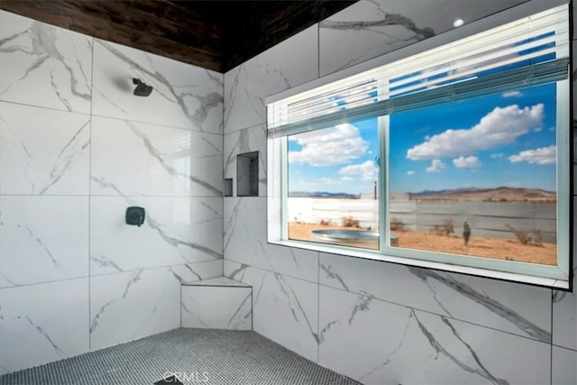 full bathroom featuring a marble finish shower