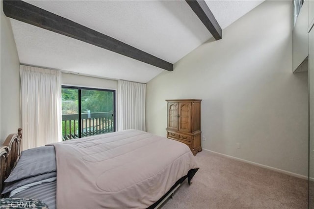 bedroom with vaulted ceiling with beams, carpet flooring, a textured ceiling, access to outside, and baseboards