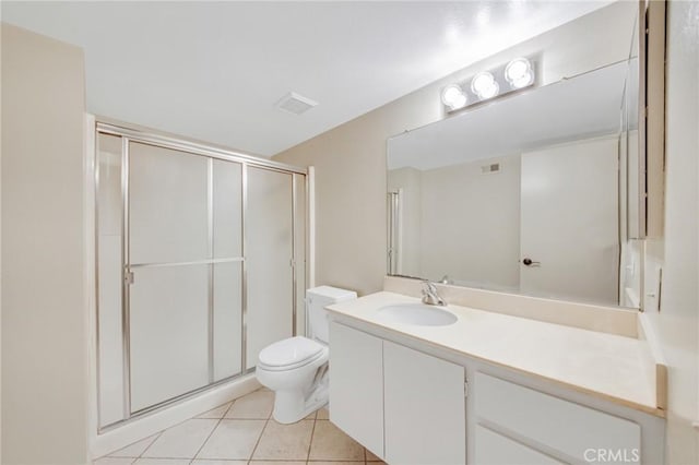 bathroom with visible vents, toilet, tile patterned flooring, vanity, and a shower stall