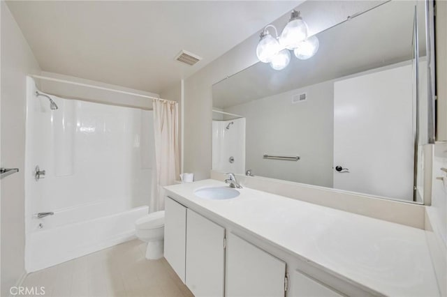 full bath featuring shower / bath combination with curtain, visible vents, vanity, and toilet