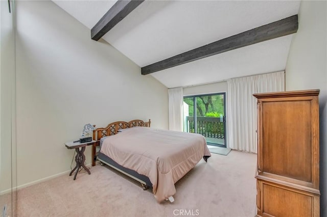 bedroom featuring access to outside, light colored carpet, vaulted ceiling with beams, and baseboards