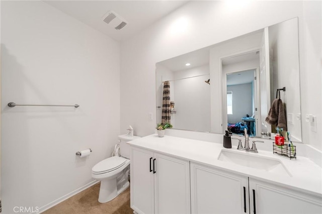 bathroom featuring curtained shower, visible vents, toilet, vanity, and tile patterned flooring