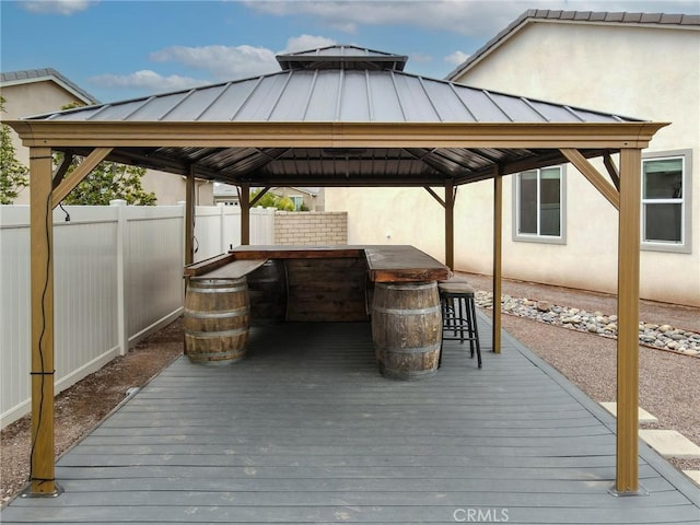 wooden deck featuring a gazebo and a fenced backyard