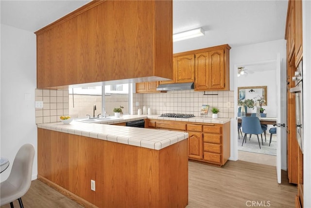 kitchen featuring a peninsula, light wood-style flooring, a sink, under cabinet range hood, and dishwasher