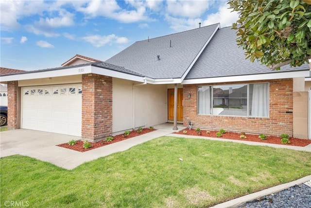 view of front of property featuring a garage, brick siding, a front lawn, and a shingled roof