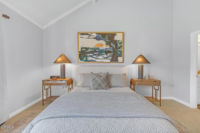 carpeted bedroom featuring ornamental molding, vaulted ceiling, ensuite bath, and baseboards