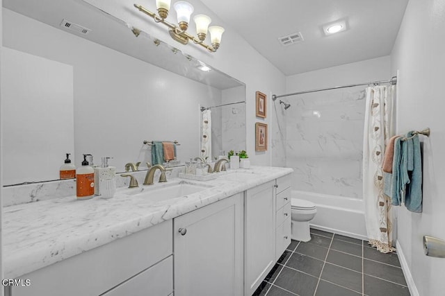 bathroom with a sink, visible vents, tile patterned floors, double vanity, and shower / bath combo with shower curtain