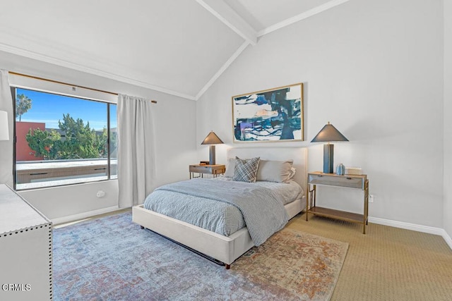 carpeted bedroom featuring crown molding, lofted ceiling with beams, and baseboards