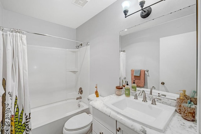 full bathroom with toilet, shower / bathtub combination with curtain, visible vents, and vanity