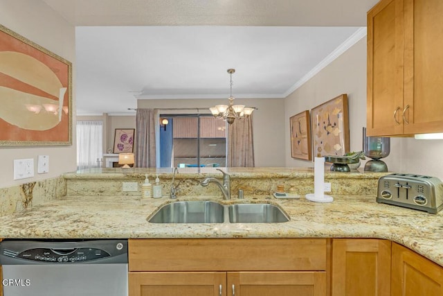 kitchen with crown molding, a sink, stainless steel dishwasher, and light stone countertops