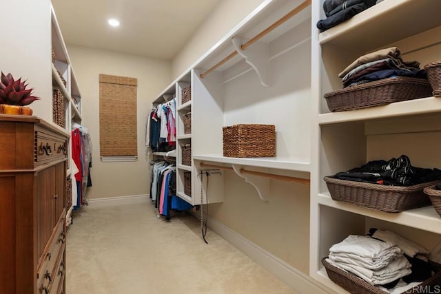 walk in closet with light colored carpet