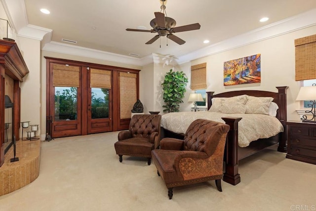 bedroom featuring ornamental molding, light carpet, and visible vents