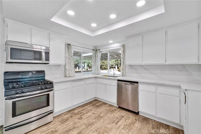 kitchen with light wood finished floors, a raised ceiling, light countertops, stainless steel appliances, and a sink