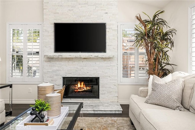 living area featuring baseboards, plenty of natural light, wood finished floors, and a fireplace