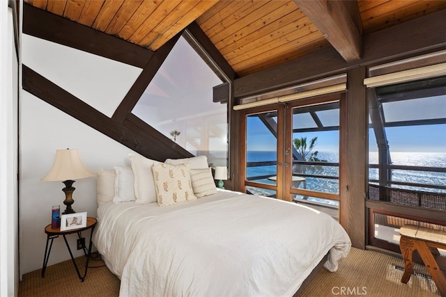 carpeted bedroom with french doors, wooden ceiling, beam ceiling, and access to exterior