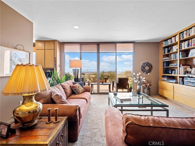 carpeted living area featuring a wall of windows