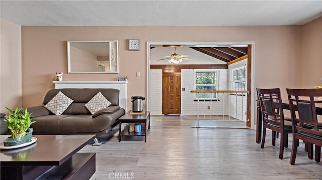 living area featuring lofted ceiling, a ceiling fan, and wood finished floors