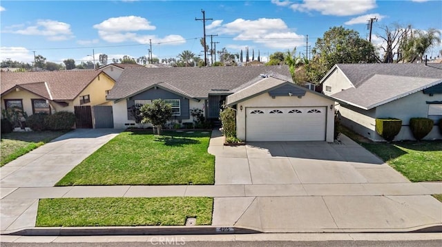 ranch-style home with stucco siding, concrete driveway, a garage, a residential view, and a front lawn