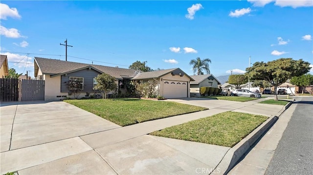 single story home featuring an attached garage, fence, driveway, a residential view, and a front yard