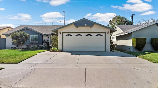 ranch-style home featuring a garage, a front lawn, concrete driveway, and stucco siding