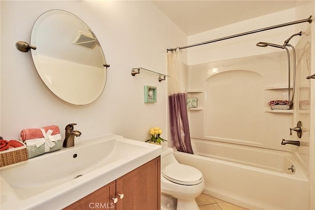 bathroom featuring visible vents, shower / bathtub combination with curtain, toilet, vanity, and tile patterned flooring