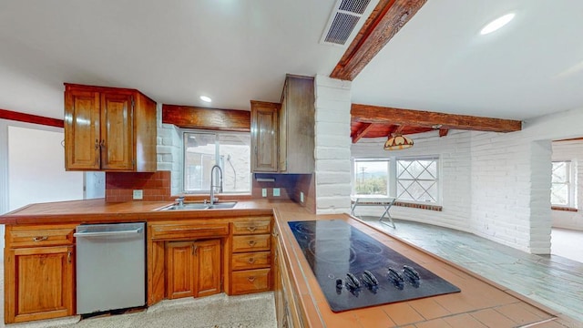 kitchen with visible vents, brown cabinetry, beamed ceiling, a sink, and stainless steel dishwasher