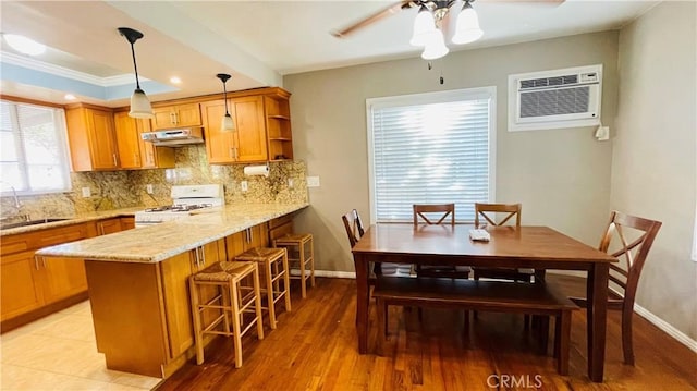 kitchen with under cabinet range hood, a sink, a kitchen breakfast bar, backsplash, and gas range gas stove