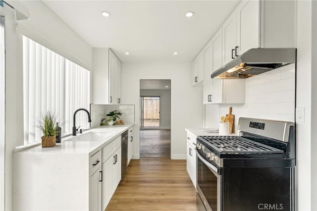 kitchen featuring stainless steel appliances, light countertops, light wood-style floors, a sink, and under cabinet range hood