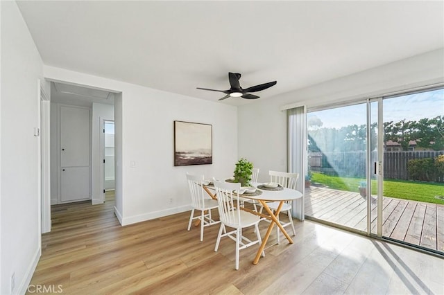 dining space featuring light wood finished floors, ceiling fan, and baseboards