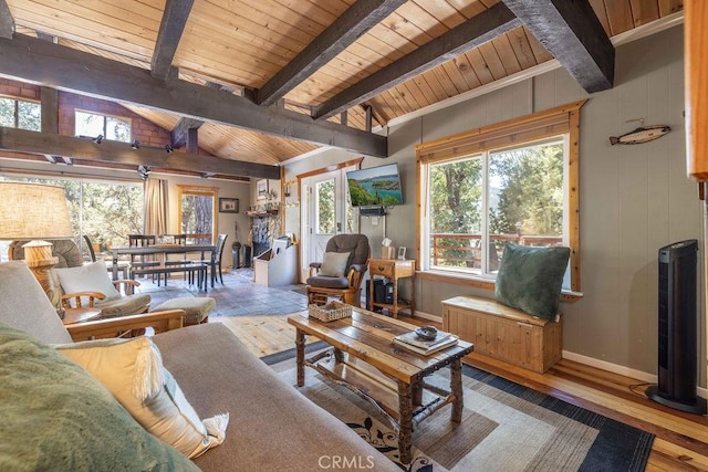 living area featuring wooden ceiling, baseboards, lofted ceiling with beams, and hardwood / wood-style floors