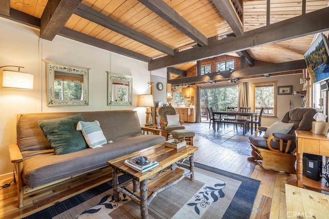 living room with lofted ceiling with beams, wood-type flooring, and wood ceiling