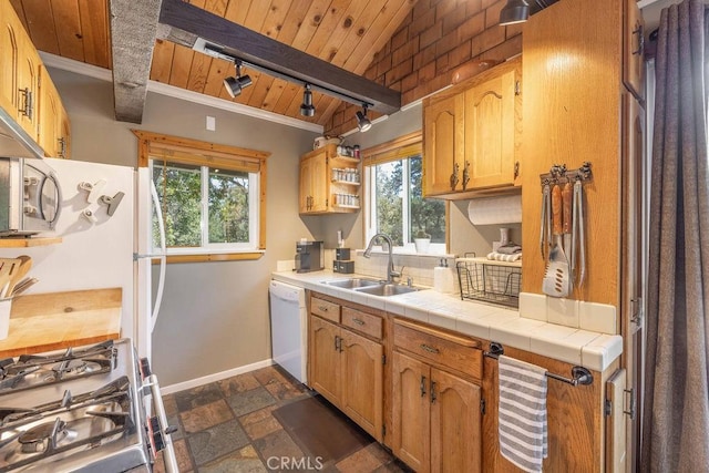 kitchen featuring wooden ceiling, stone tile floors, stainless steel appliances, a sink, and baseboards