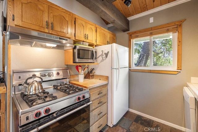 kitchen with beam ceiling, stainless steel appliances, light countertops, under cabinet range hood, and baseboards