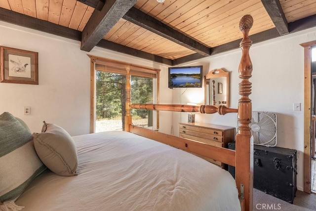 bedroom with access to exterior, wooden ceiling, and beamed ceiling