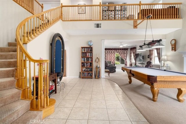 rec room with billiards, visible vents, tile patterned floors, a high ceiling, and carpet floors