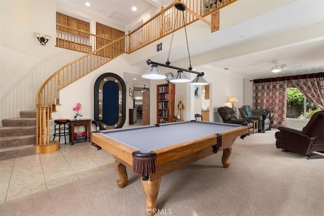 recreation room featuring carpet, billiards, visible vents, and a ceiling fan